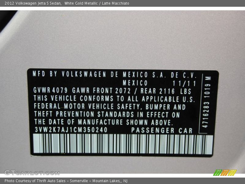White Gold Metallic / Latte Macchiato 2012 Volkswagen Jetta S Sedan