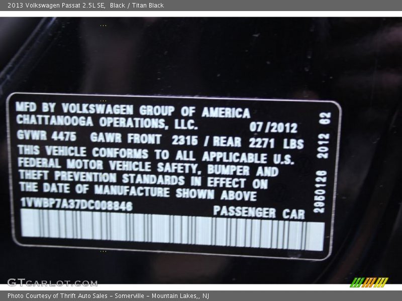 Black / Titan Black 2013 Volkswagen Passat 2.5L SE