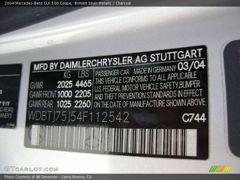 Brilliant Silver Metallic / Charcoal 2004 Mercedes-Benz CLK 500 Coupe