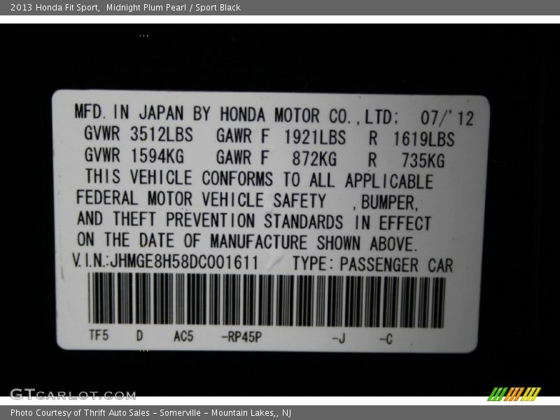 Midnight Plum Pearl / Sport Black 2013 Honda Fit Sport