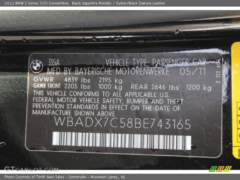 Black Sapphire Metallic / Oyster/Black Dakota Leather 2011 BMW 3 Series 335i Convertible