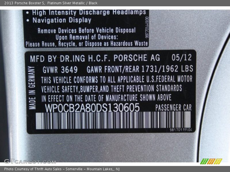 Platinum Silver Metallic / Black 2013 Porsche Boxster S