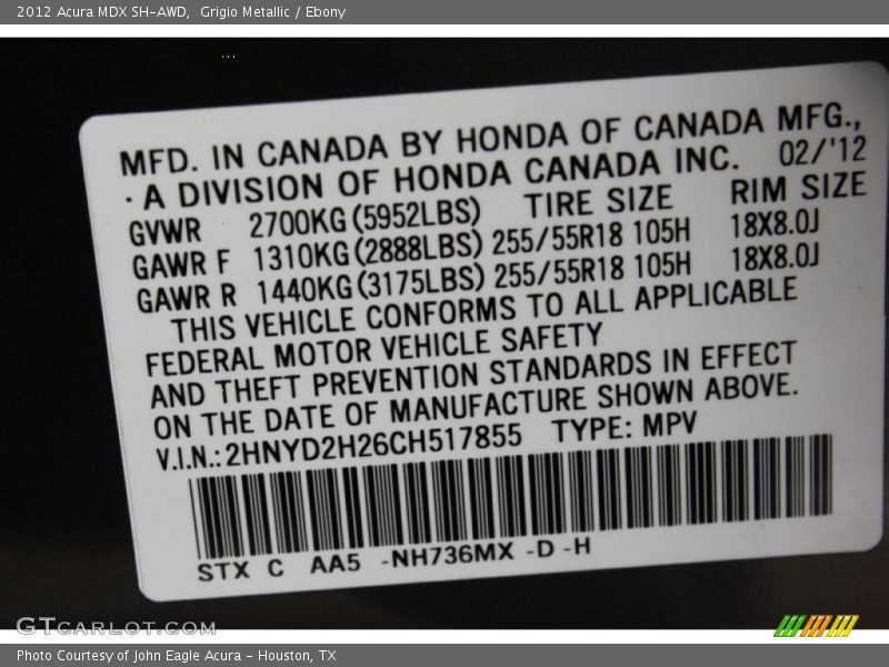 Grigio Metallic / Ebony 2012 Acura MDX SH-AWD