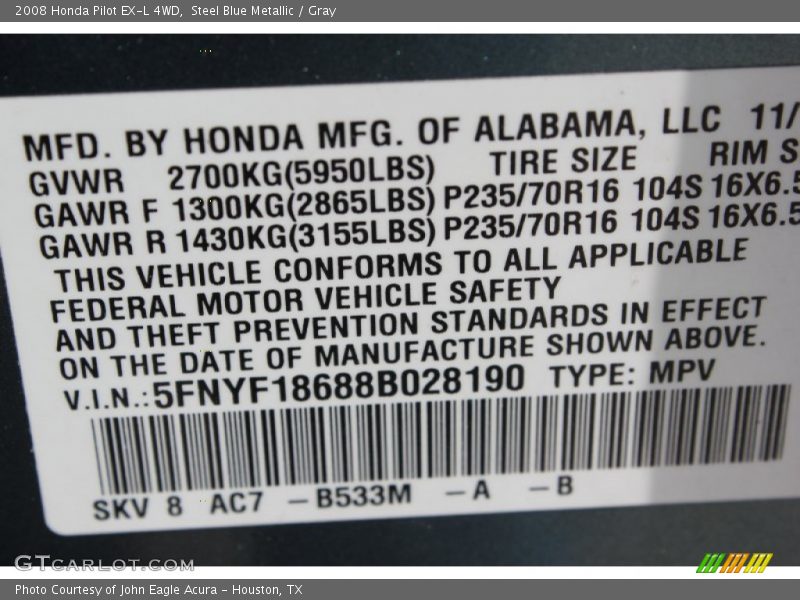 Steel Blue Metallic / Gray 2008 Honda Pilot EX-L 4WD
