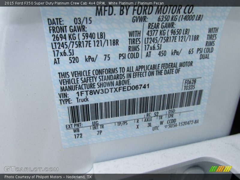White Platinum / Platinum Pecan 2015 Ford F350 Super Duty Platinum Crew Cab 4x4 DRW