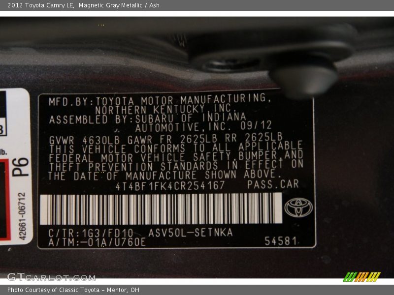 Magnetic Gray Metallic / Ash 2012 Toyota Camry LE