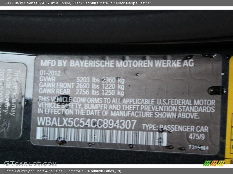 Black Sapphire Metallic / Black Nappa Leather 2012 BMW 6 Series 650i xDrive Coupe