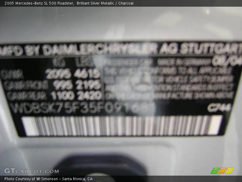 Brilliant Silver Metallic / Charcoal 2005 Mercedes-Benz SL 500 Roadster