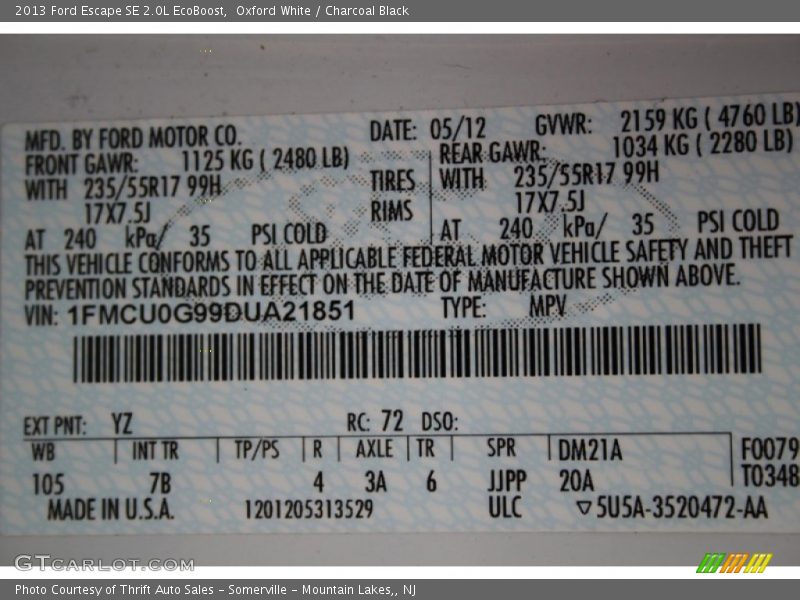 Oxford White / Charcoal Black 2013 Ford Escape SE 2.0L EcoBoost