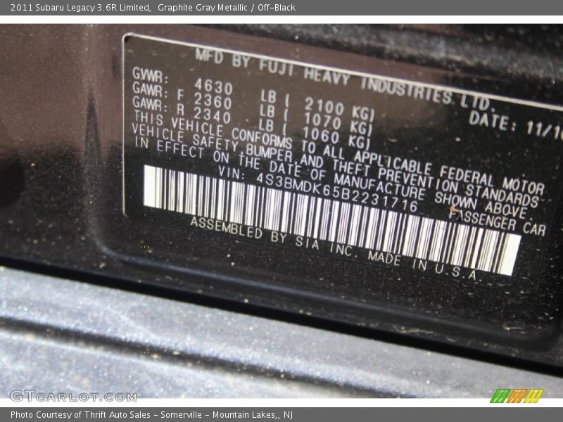 Graphite Gray Metallic / Off-Black 2011 Subaru Legacy 3.6R Limited