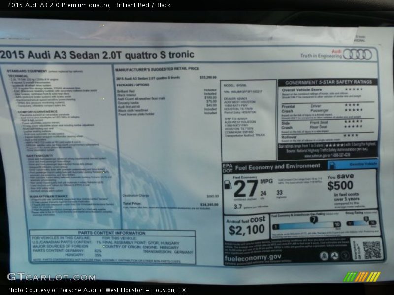 Brilliant Red / Black 2015 Audi A3 2.0 Premium quattro