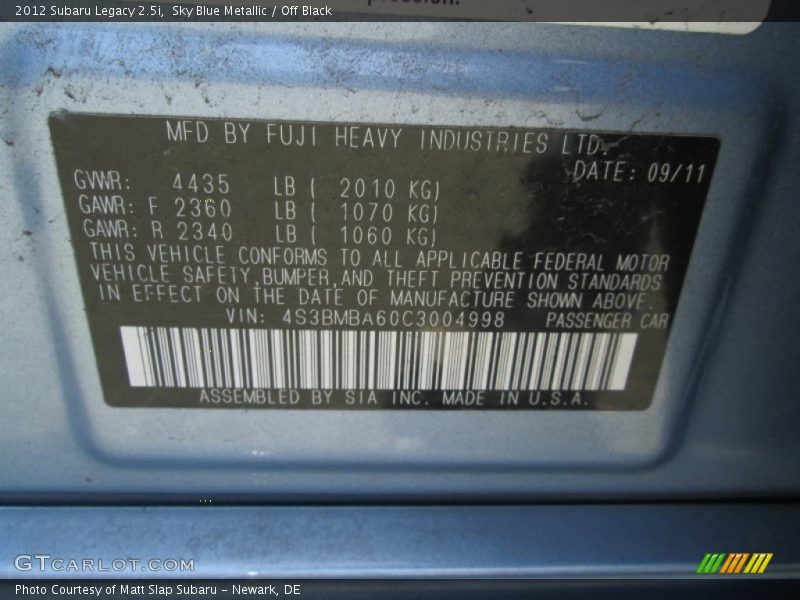 Sky Blue Metallic / Off Black 2012 Subaru Legacy 2.5i