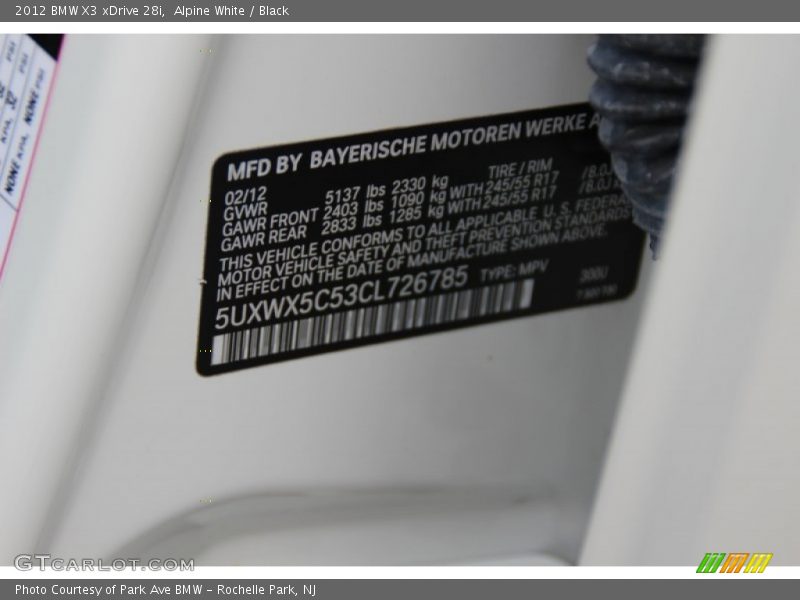 Alpine White / Black 2012 BMW X3 xDrive 28i
