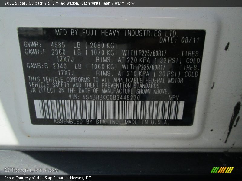 Satin White Pearl / Warm Ivory 2011 Subaru Outback 2.5i Limited Wagon