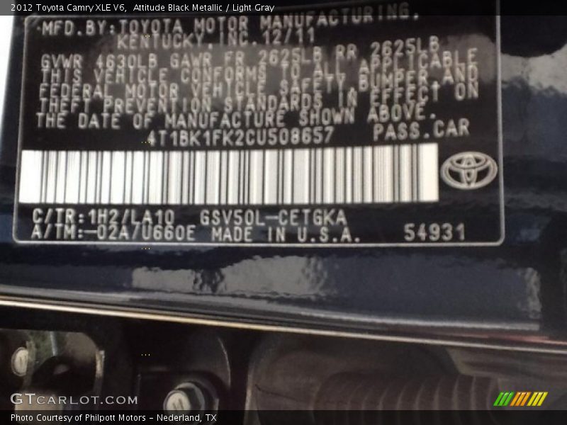 Attitude Black Metallic / Light Gray 2012 Toyota Camry XLE V6