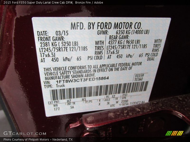 2015 F350 Super Duty Lariat Crew Cab DRW Bronze Fire Color Code H7