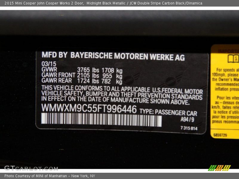 2015 Cooper John Cooper Works 2 Door Midnight Black Metallic Color Code A94