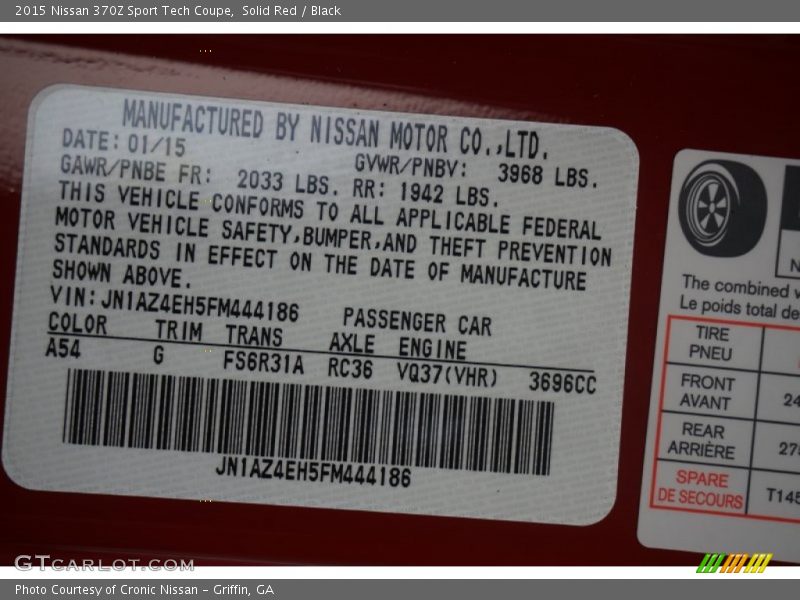 2015 370Z Sport Tech Coupe Solid Red Color Code A54