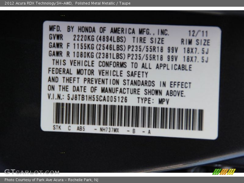 Polished Metal Metallic / Taupe 2012 Acura RDX Technology SH-AWD