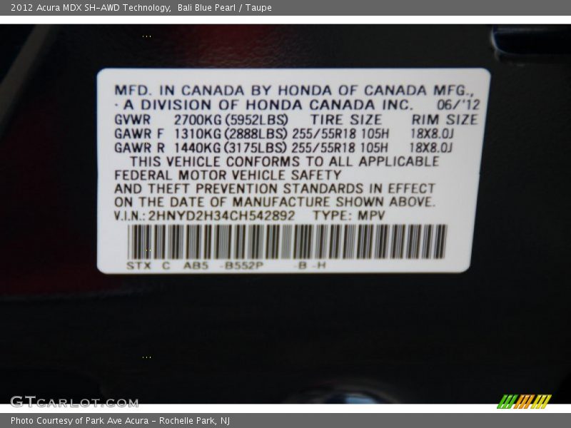 Bali Blue Pearl / Taupe 2012 Acura MDX SH-AWD Technology