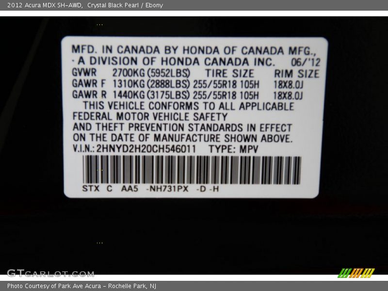 Crystal Black Pearl / Ebony 2012 Acura MDX SH-AWD