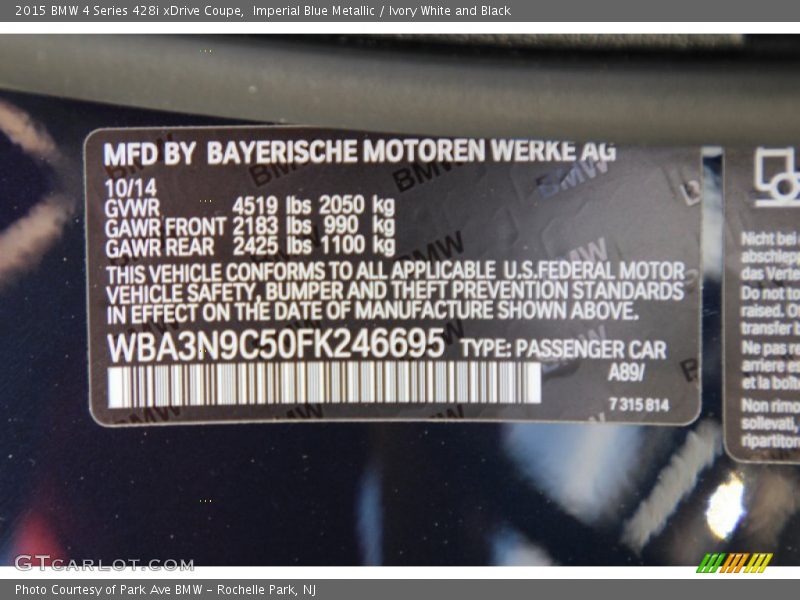 Imperial Blue Metallic / Ivory White and Black 2015 BMW 4 Series 428i xDrive Coupe