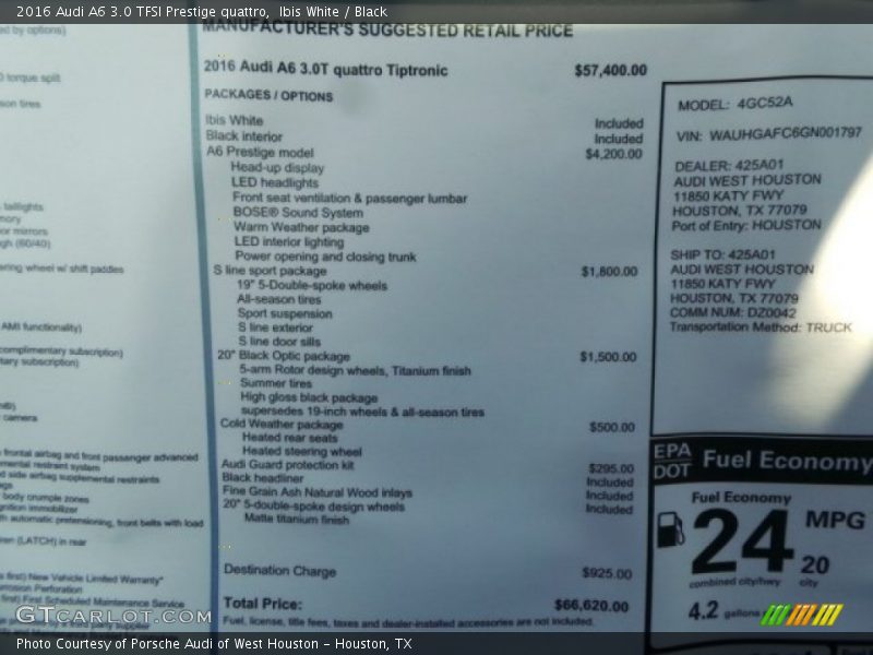  2016 A6 3.0 TFSI Prestige quattro Window Sticker