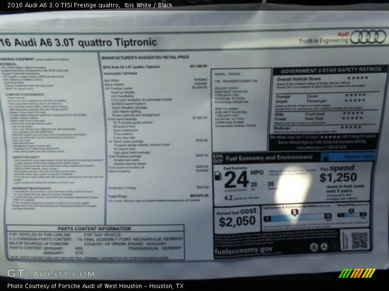  2016 A6 3.0 TFSI Prestige quattro Window Sticker