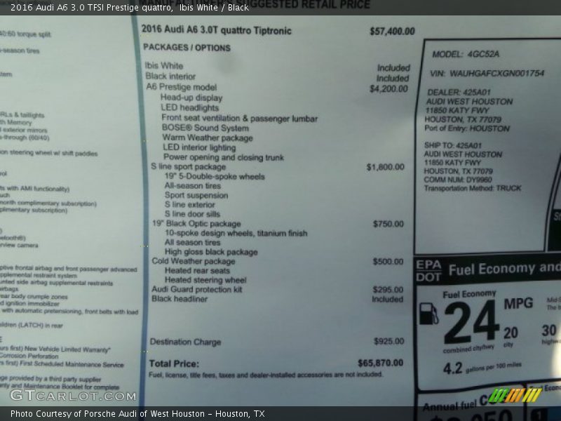  2016 A6 3.0 TFSI Prestige quattro Window Sticker