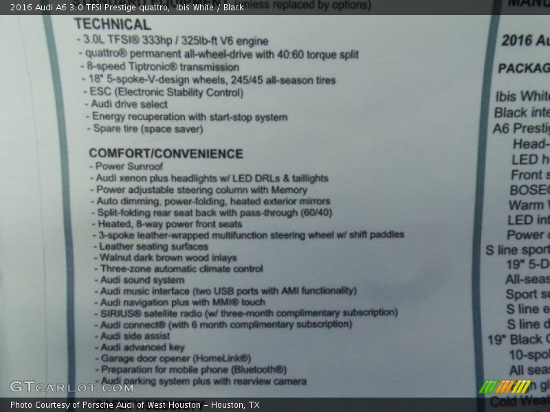  2016 A6 3.0 TFSI Prestige quattro Window Sticker