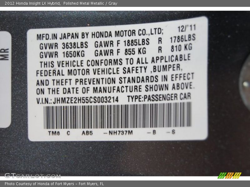 Polished Metal Metallic / Gray 2012 Honda Insight LX Hybrid