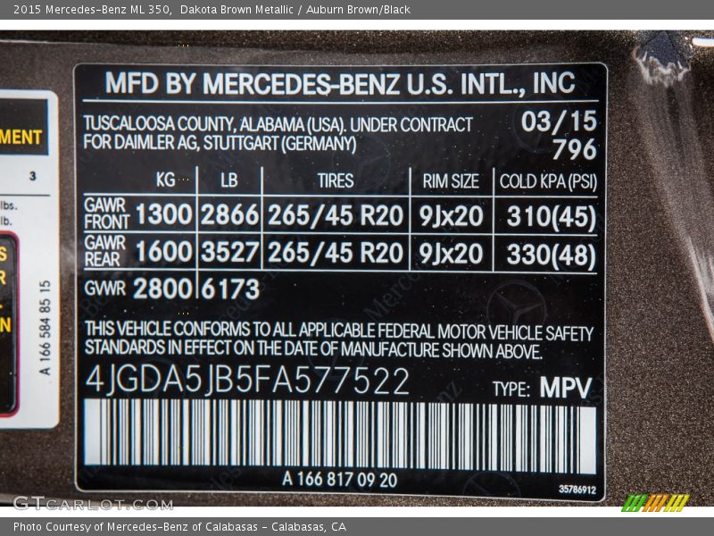 2015 ML 350 Dakota Brown Metallic Color Code 796