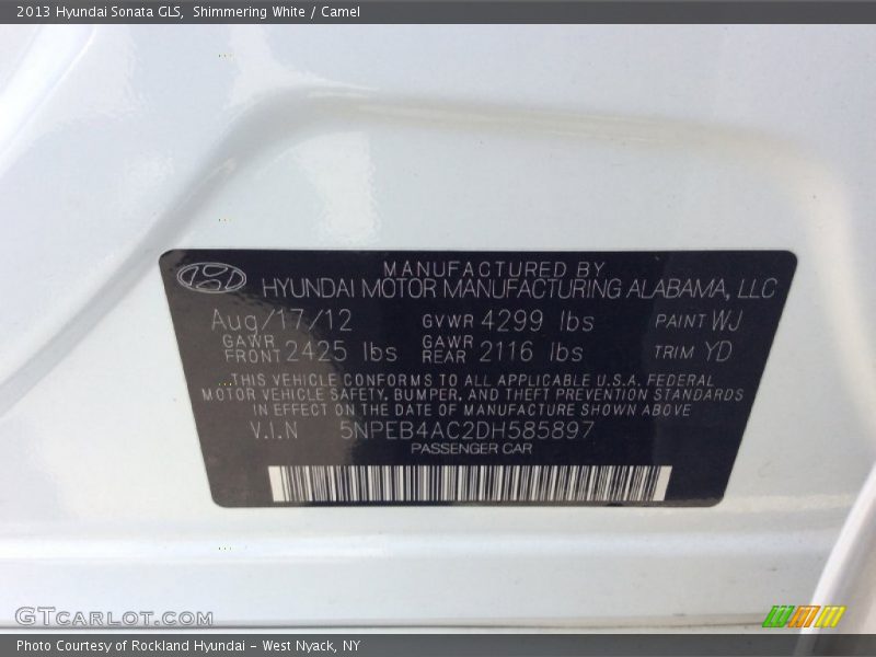 Shimmering White / Camel 2013 Hyundai Sonata GLS