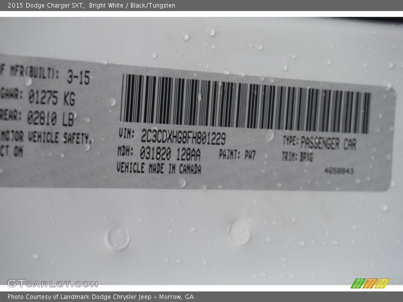 2015 Charger SXT Bright White Color Code PW7