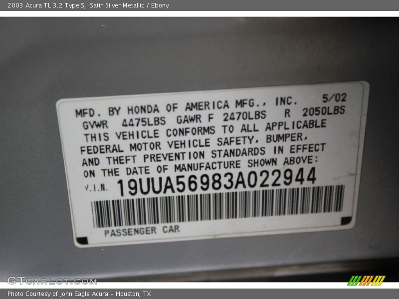 Satin Silver Metallic / Ebony 2003 Acura TL 3.2 Type S