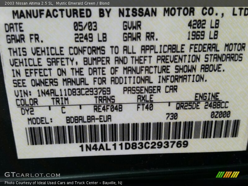 Mystic Emerald Green / Blond 2003 Nissan Altima 2.5 SL