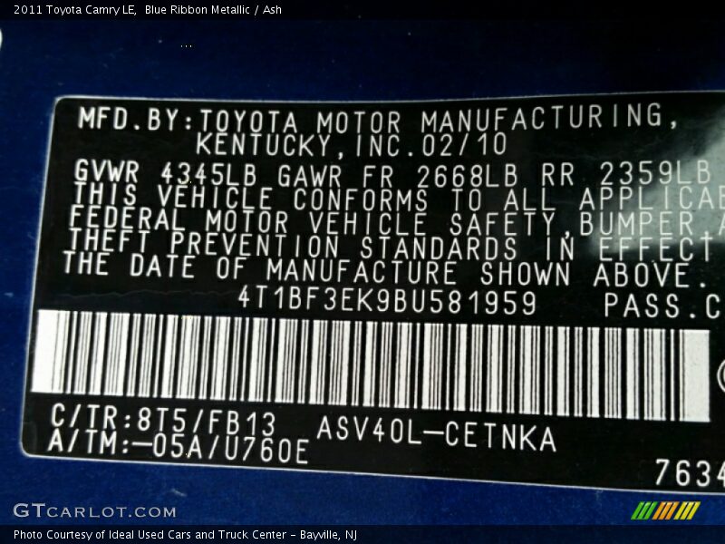 2011 Camry LE Blue Ribbon Metallic Color Code 8T5