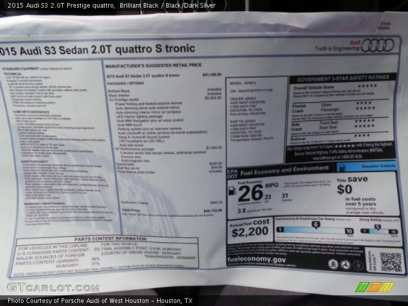  2015 S3 2.0T Prestige quattro Window Sticker