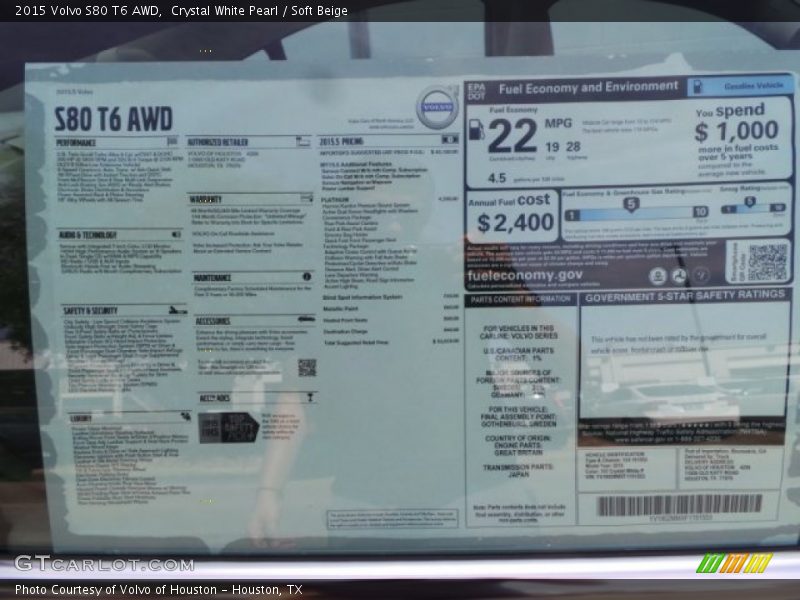 Crystal White Pearl / Soft Beige 2015 Volvo S80 T6 AWD