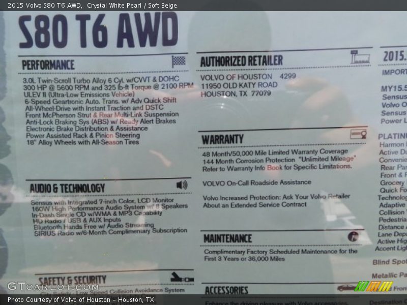 Crystal White Pearl / Soft Beige 2015 Volvo S80 T6 AWD