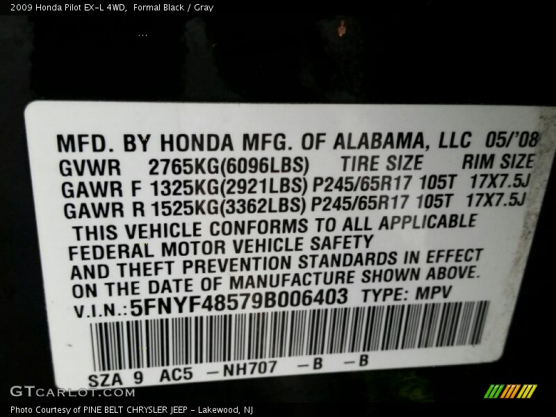 Formal Black / Gray 2009 Honda Pilot EX-L 4WD