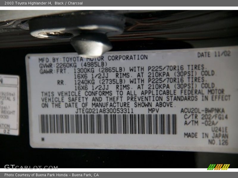 Black / Charcoal 2003 Toyota Highlander I4