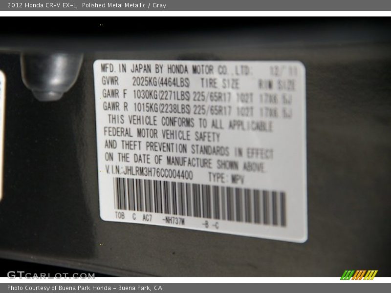 Polished Metal Metallic / Gray 2012 Honda CR-V EX-L