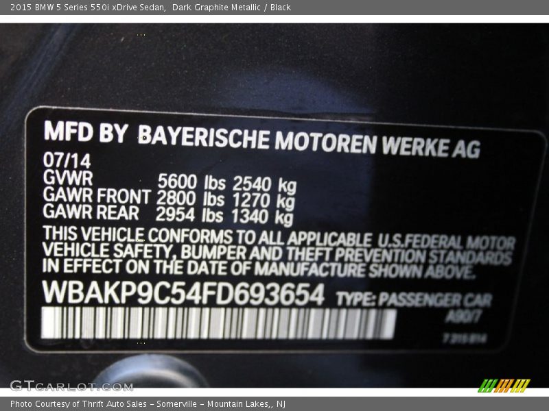 2015 5 Series 550i xDrive Sedan Dark Graphite Metallic Color Code A90