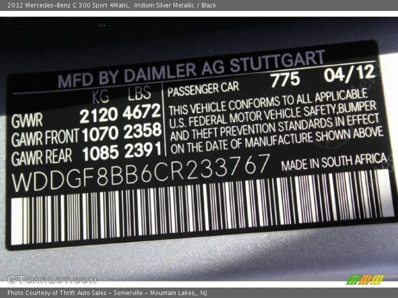 Iridium Silver Metallic / Black 2012 Mercedes-Benz C 300 Sport 4Matic