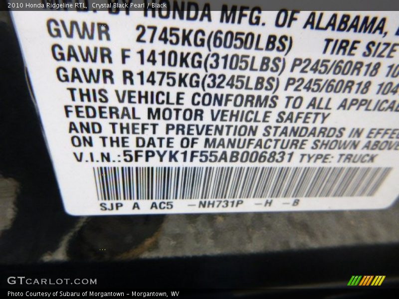 Crystal Black Pearl / Black 2010 Honda Ridgeline RTL