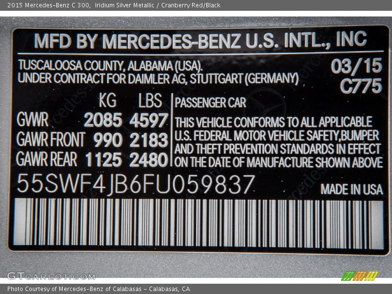 2015 C 300 Iridium Silver Metallic Color Code 775