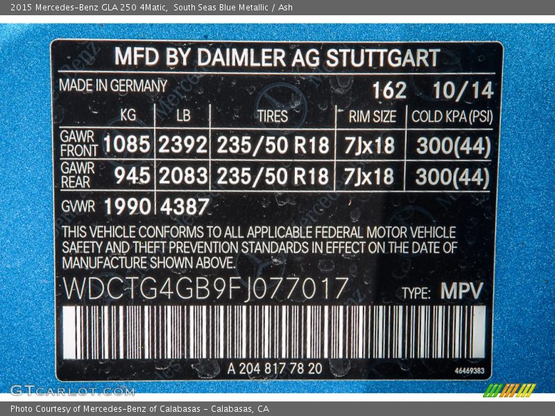 2015 GLA 250 4Matic South Seas Blue Metallic Color Code 162