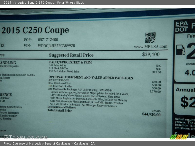 Polar White / Black 2015 Mercedes-Benz C 250 Coupe