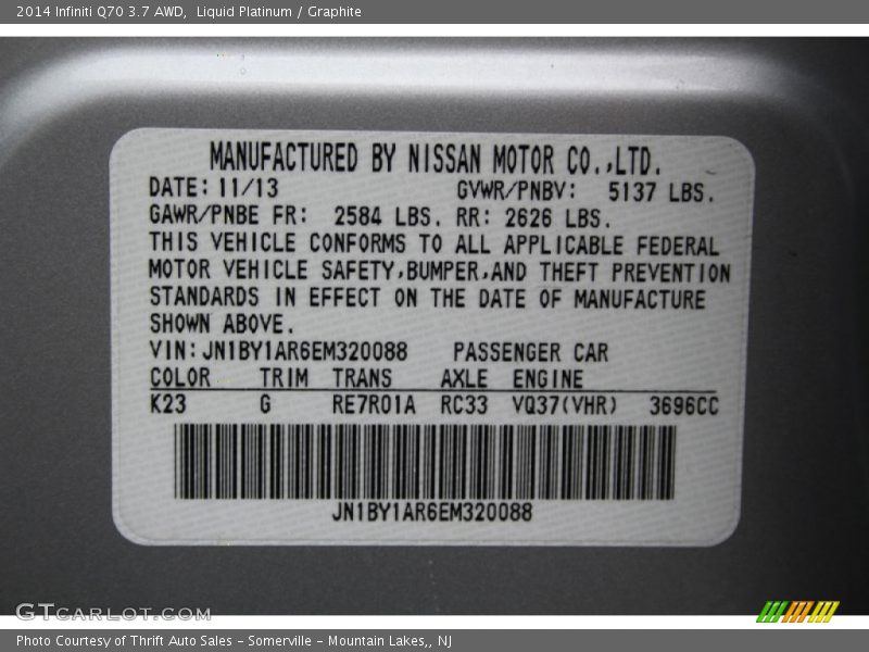 2014 Q70 3.7 AWD Liquid Platinum Color Code K23
